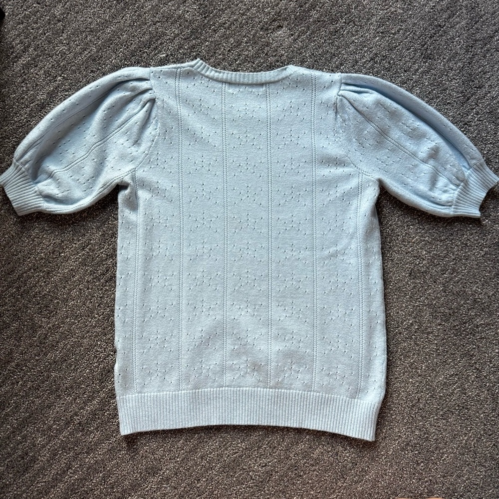 Elegant Sky Blue Crew Neck Sweater Sz L Short Sleeve Classic Casual Comfy Eyelet - Picture 3 of 9